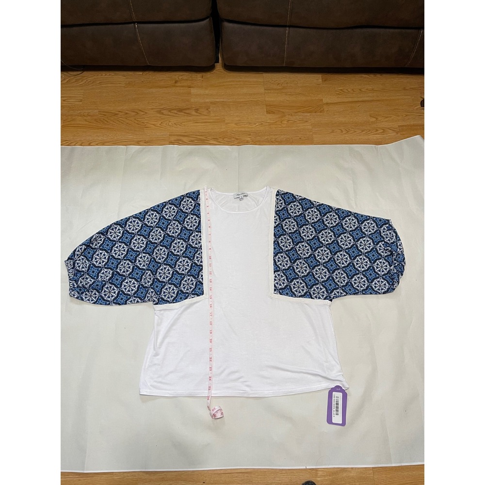 White Top With Blue Geometric Print Bell Sleeves Women's